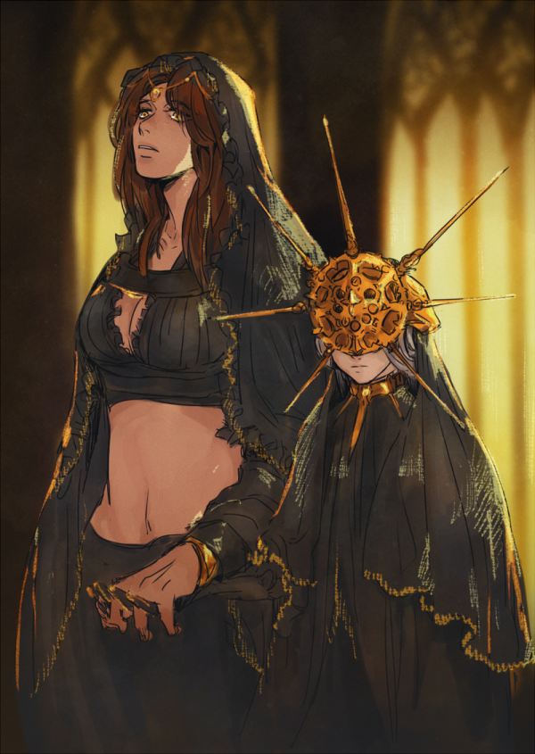 1boy 1girl breasts brother_and_sister brown_hair covered_eyes dark_souls dark_sun_gwyndolin large_breasts long_hair midriff otoko_no_ko queen_of_sunlight_gwynevere siblings size_difference souls_(from_software) tall_female timnehparrot white_hair