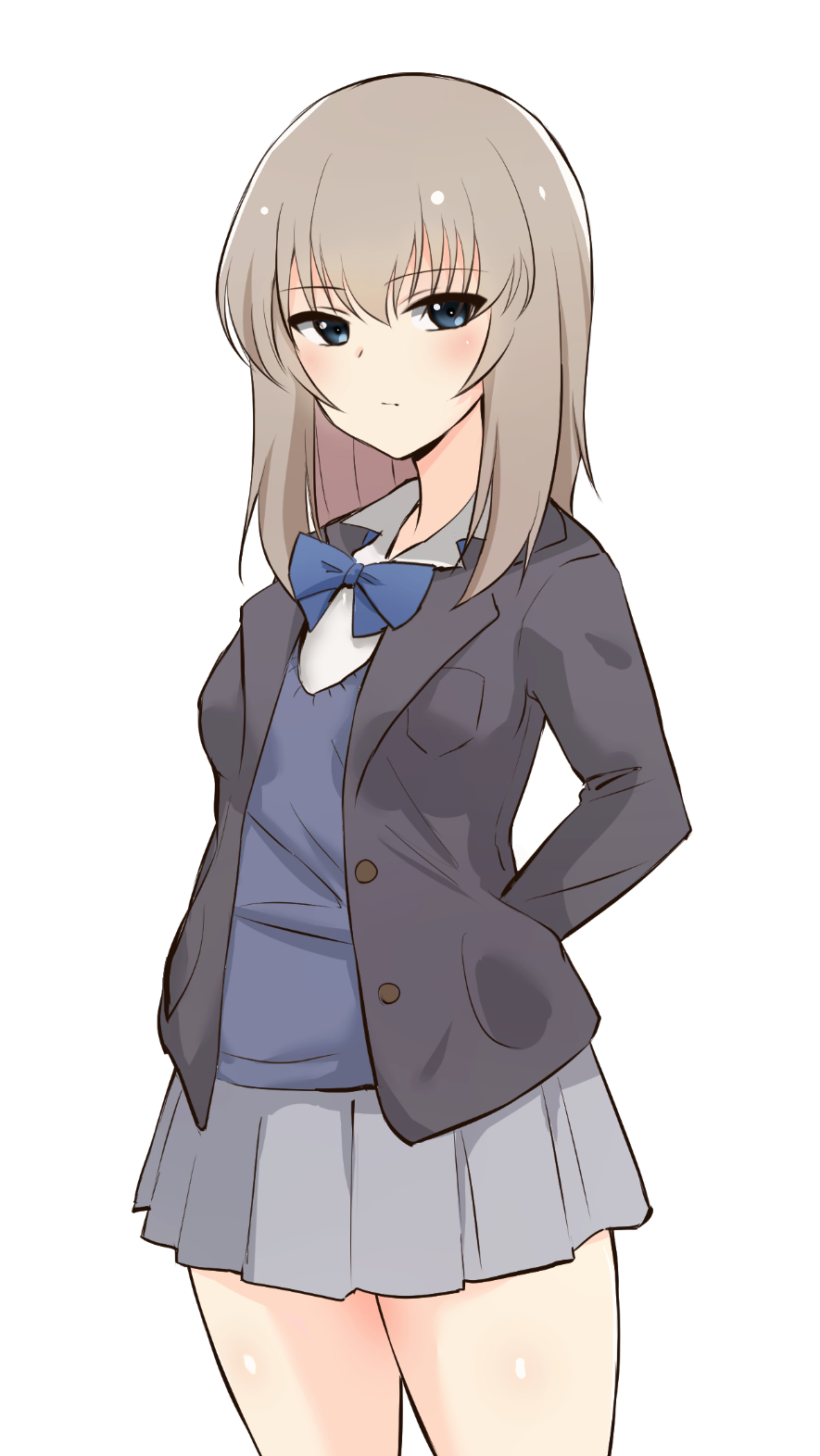 1girl alternate_costume arms_behind_back bangs black_jacket blazer blue_eyes blue_neckwear blue_sweater bow bowtie closed_mouth commentary cowboy_shot dress_shirt expressionless eyebrows_visible_through_hair eyes_visible_through_hair girls_und_panzer grey_skirt half-closed_eyes highres itsumi_erika jacket looking_at_viewer medium_hair miniskirt nasunael open_blazer open_clothes open_jacket pleated_skirt school_uniform shirt silver_hair simple_background skirt solo sweater v-neck white_background white_shirt