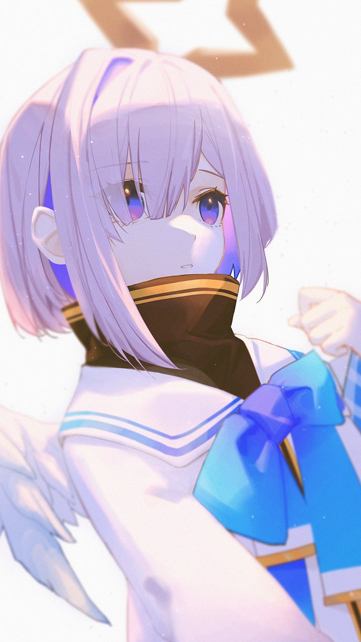 1girl amane_kanata angel angel_wings blue_bow blue_eyes blue_neckwear blurry blurry_background bow bowtie colored_inner_hair depth_of_field dutch_angle halo hand_up highres hololive long_sleeves multicolored multicolored_eyes multicolored_hair parted_lips pink_hair purple_hair sailor_collar shirt solo upper_body violet_eyes white_sailor_collar white_shirt white_wings whitem_(whiteemperor2020) wings