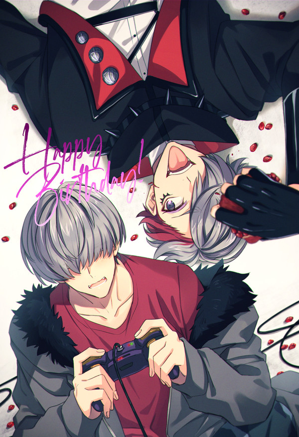 2boys argonavis_from_bang_dream! bang_dream! controller dual_persona english_text food fruit fur_collar fur_trim game_controller grey_hair hair_over_eyes hair_over_one_eye happy_birthday holding holding_controller makeup male_focus multicolored_hair multiple_boys pomegranate redhead saigi spikes suzaki_jun tongue tongue_out violet_eyes