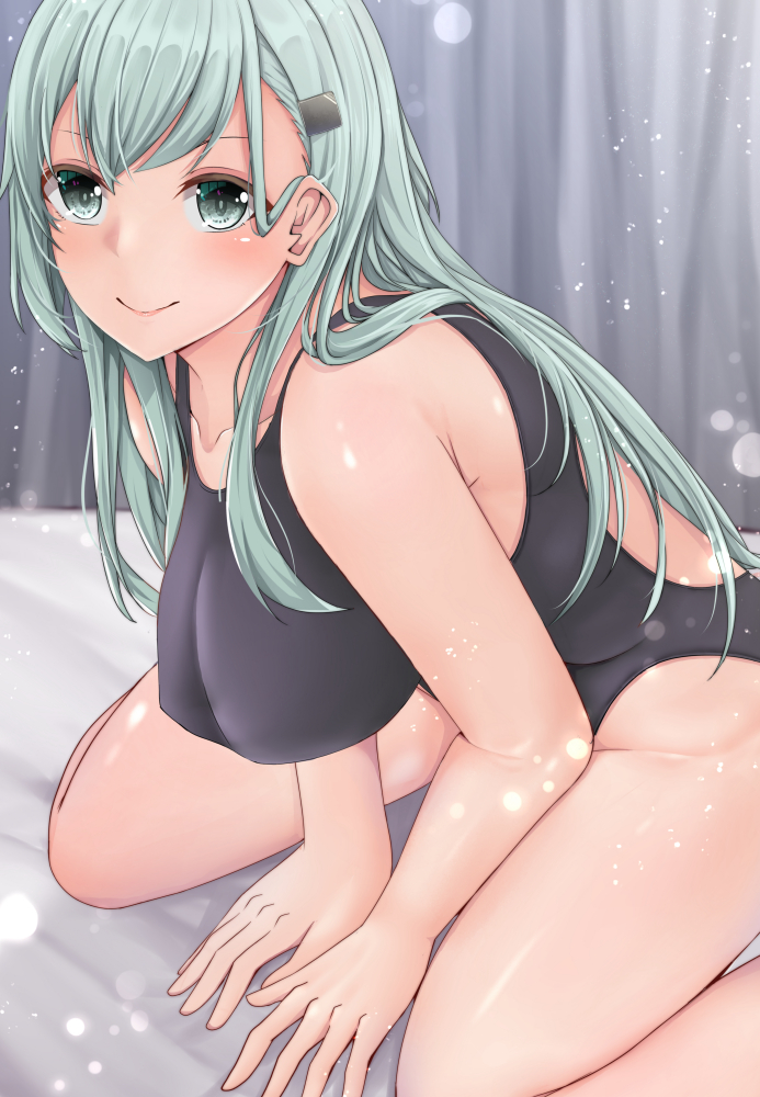 1girl aqua_eyes aqua_hair bed black_swimsuit breasts collarbone commentary_request competition_swimsuit curtains hair_ornament hairclip kantai_collection large_breasts leaning_forward long_hair looking_at_viewer one-piece_swimsuit shohei_(piranha5hk) smile solo suzuya_(kantai_collection) swimsuit