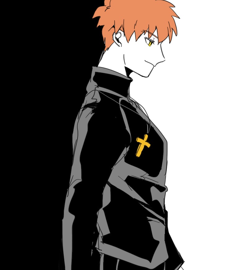 1boy bananachoco cross cross_necklace emiya_shirou fate/stay_night fate_(series) from_side jewelry kotomine_shirou_(fanfic) male_focus monochrome necklace orange_hair profile simple_background smile solo spot_color two-tone_background upper_body what_if yellow_eyes