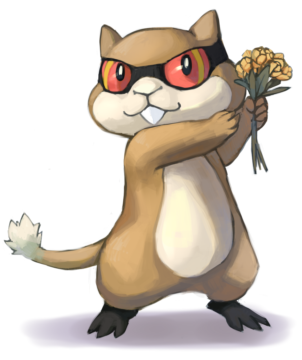 commentary creature english_commentary flower full_body gen_5_pokemon highres holding holding_flower looking_at_viewer no_humans patrat pokemon pokemon_(creature) red_eyes shadow solo standing transparent_background tyma_(mtymas)