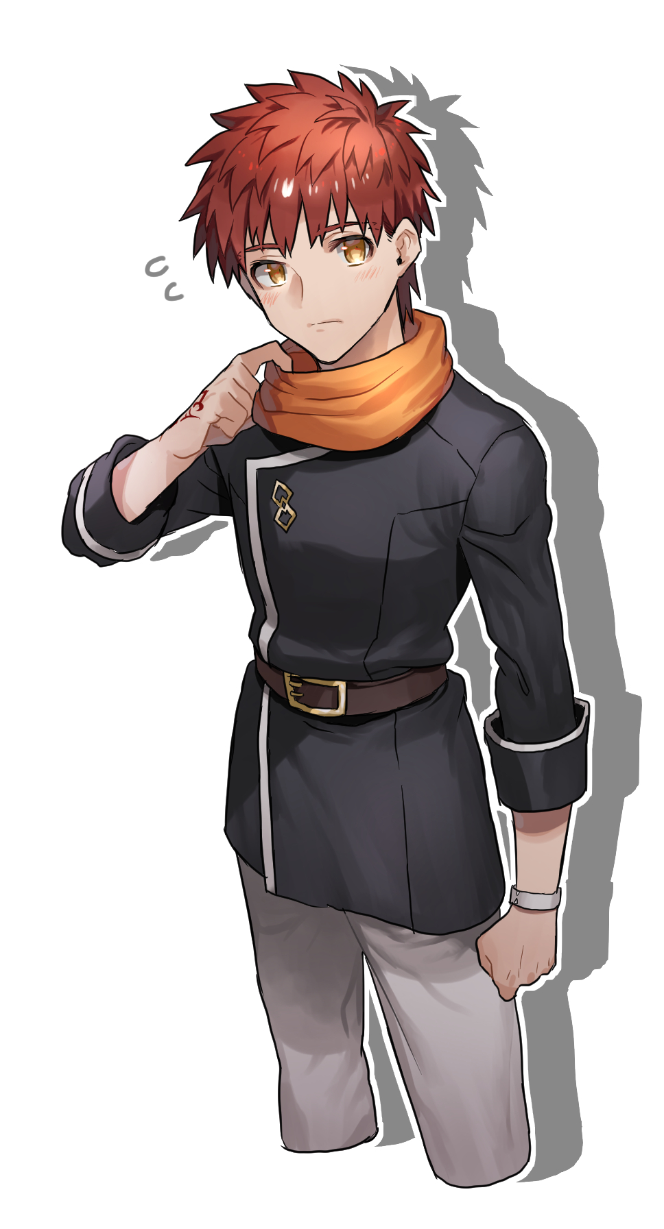 1boy belt belt_buckle blush buckle command_spell cowboy_shot emiya_shirou fate/grand_order fate/stay_night fate_(series) highres looking_at_viewer male_focus none_(kameko227) redhead scarf simple_background solo true_ether_chaldea_uniform upper_body white_background yellow_eyes