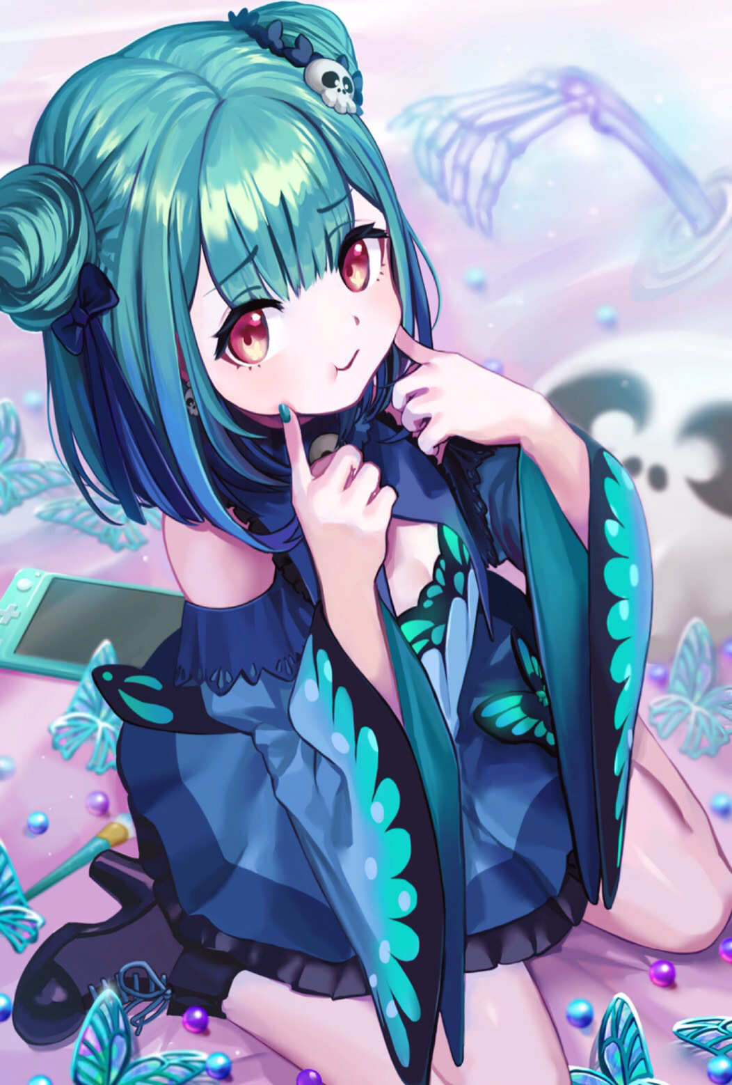 1girl bangs blue_dress blunt_bangs boots brown_eyes cleavage_cutout clothing_cutout double_bun dress eyebrows_visible_through_hair fingers_to_cheek flat_chest from_above game_console green_hair hair_ornament high_heel_boots high_heels highres hololive looking_up nasutorako nintendo_switch_lite sitting skeletal_arm skeletal_hand skull skull_hair_ornament solo uruha_rushia virtual_youtuber wariza