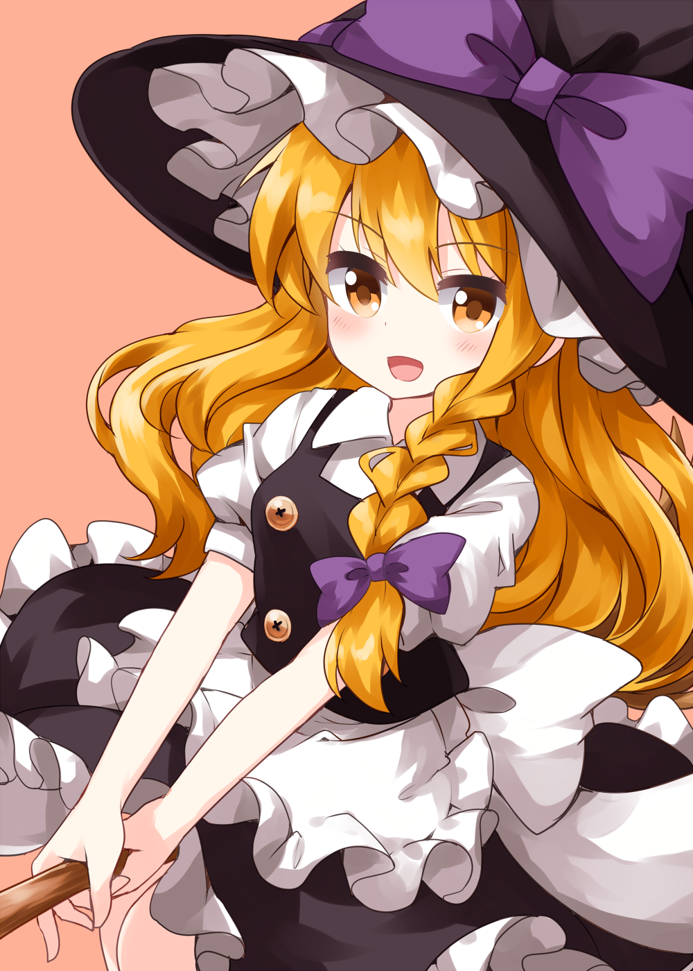 1girl apron bangs black_headwear black_skirt black_vest blonde_hair bow braid broom broom_riding buttons collared_shirt eyebrows_visible_through_hair frilled_hat frilled_skirt frills hair_between_eyes hair_bow hat hat_bow highres holding kirisame_marisa long_hair looking_at_viewer open_mouth petticoat pink_background puffy_short_sleeves puffy_sleeves purple_bow ruu_(tksymkw) shirt short_sleeves side_braid simple_background single_braid skirt smile solo touhou v-shaped_eyebrows v_arms vest waist_apron white_apron white_shirt witch_hat yellow_eyes