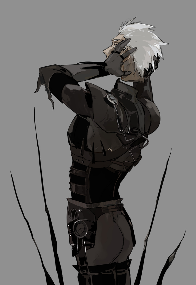 1boy archer armor black_legwear crimo disembodied_head facing_away fate/stay_night fate_(series) gauge grey_background hand_on_own_head male_focus short_hair simple_background solo strap upper_body white_hair