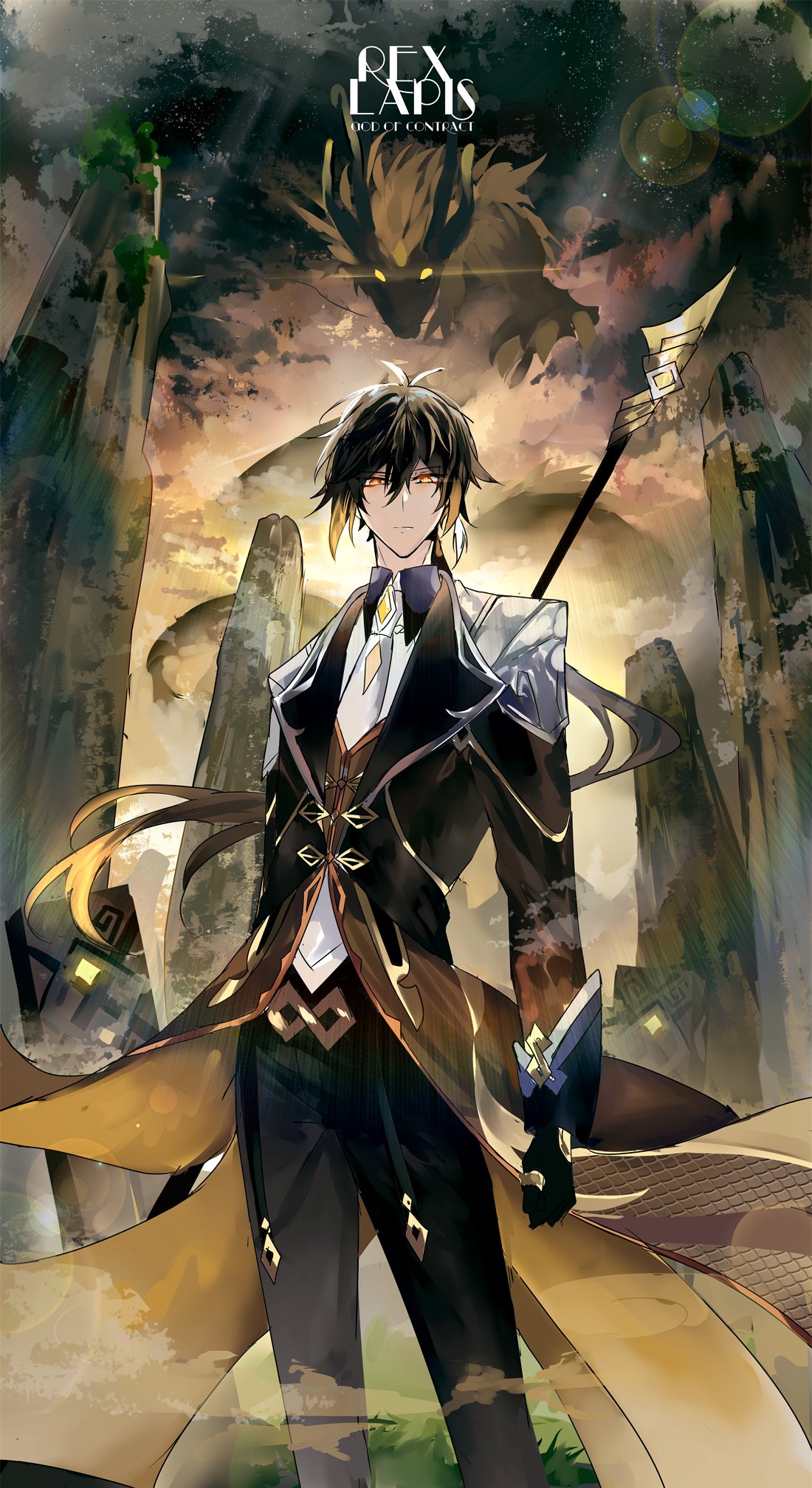 1boy bangs black_gloves black_hair brown_hair closed_mouth clouds cloudy_sky collar dragon english_text formal genshin_impact gloves hair_between_eyes highres jacket jewelry long_hair long_sleeves looking_at_viewer male_focus mountain multicolored_hair polearm ponytail ruu_gi single_earring sky solo spear weapon yellow_eyes zhongli_(genshin_impact)