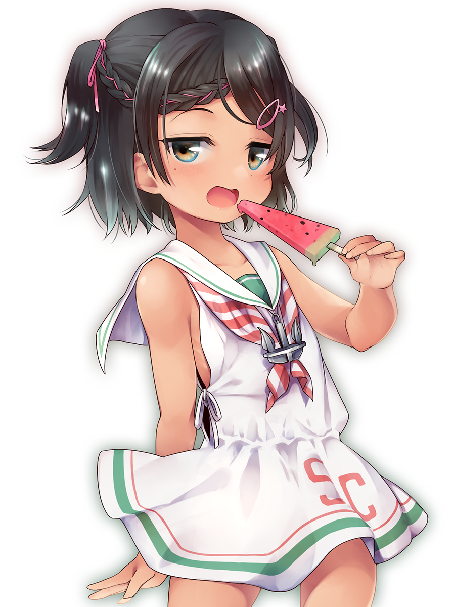 1girl bangs bare_arms bare_shoulders black_eyes black_hair blush braid commentary_request cowboy_shot dated dress eating food fruit hair_ornament hair_ribbon hairclip highres holding holding_food kantai_collection looking_at_viewer mole mole_under_eye neckerchief nigo open_mouth popsicle ribbon sailor_collar sailor_dress scirocco_(kantai_collection) short_hair signature simple_background sleeveless sleeveless_dress solo striped striped_neckwear tan tanline two_side_up watermelon_bar white_background white_dress white_sailor_collar