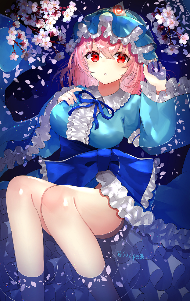 artist_name blue_headwear blue_kimono blue_nails blue_neckwear blue_ribbon blush breasts center_frills cherry_blossoms commentary_request eyebrows_visible_through_hair feet_out_of_frame frills hair_between_eyes hand_on_own_chest hand_up hat japanese_clothes kimono knees_up large_breasts looking_at_viewer lying medium_hair mob_cap nail_polish neck_ribbon on_back parted_lips partially_submerged petals pink_hair red_eyes ribbon ripples saigyouji_yuyuko sakizaki_saki-p thighs touhou triangular_headpiece water wide_sleeves