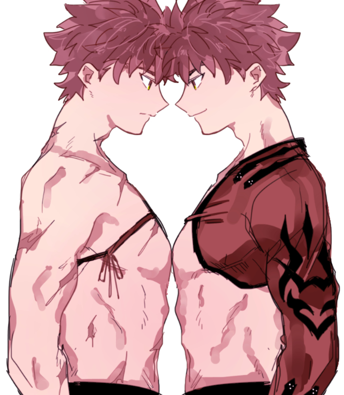 2boys bananachoco emiya_shirou eye_contact face-to-face fate/grand_order fate/stay_night fate_(series) from_side igote limited/zero_over looking_at_another male_focus multiple_boys muscle profile redhead scar sengo_muramasa_(fate) short_hair smile upper_body yellow_eyes