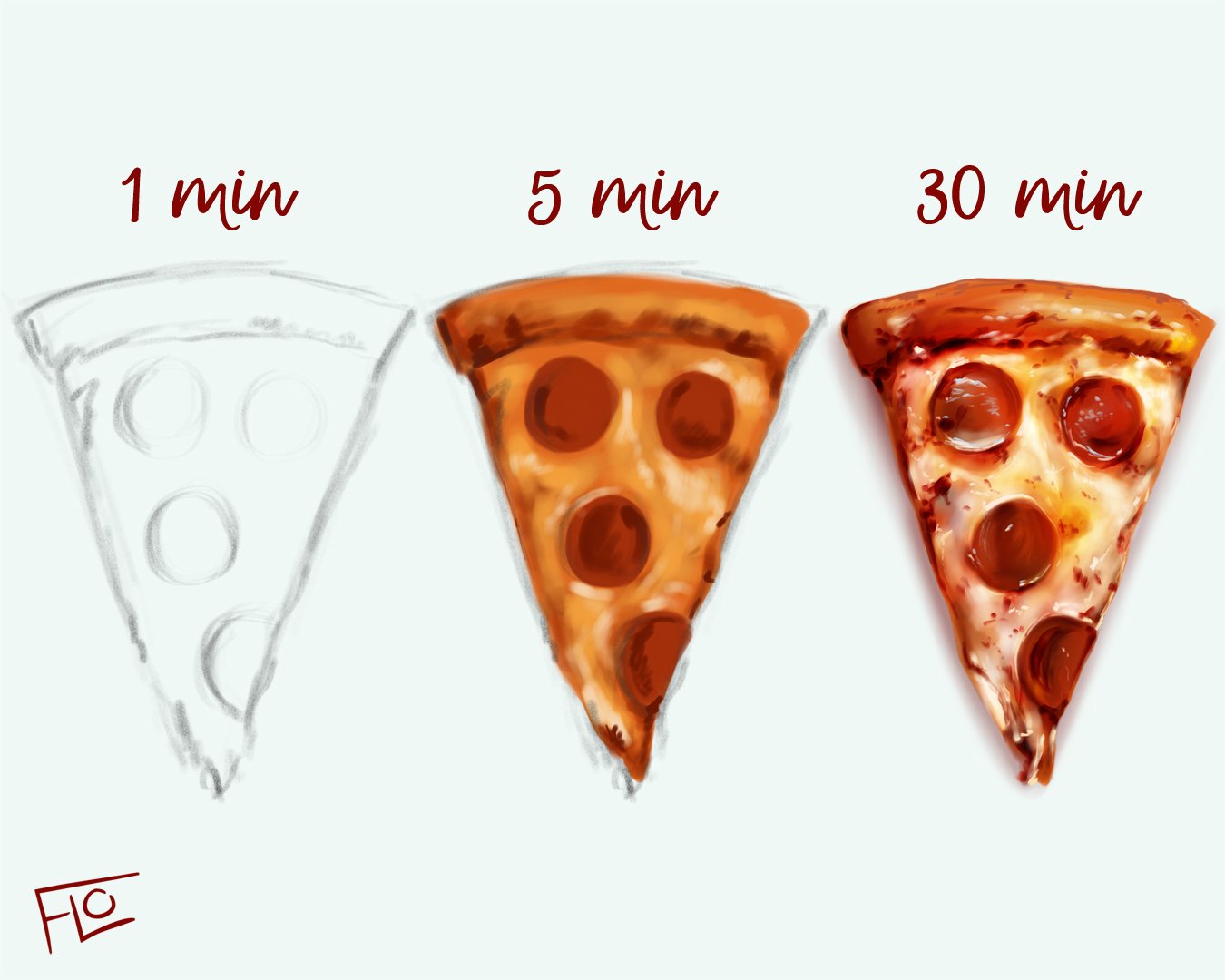 commentary english_commentary floortjesart food no_humans original pepperoni pizza procreate_(medium) realistic signature simple_background white_background