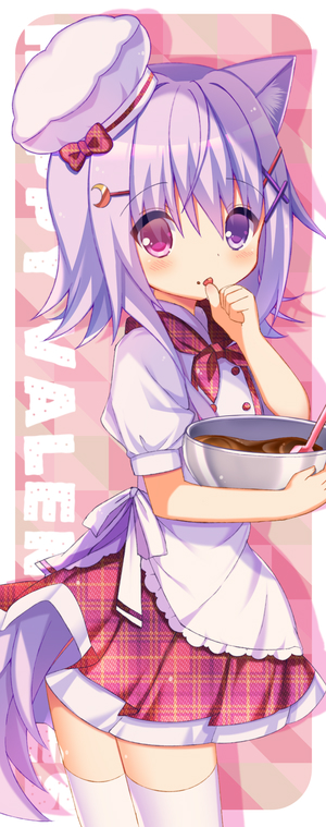 1girl animal_ears bowl cat_ears cat_girl cat_tail chef_hat chef_uniform chocolate chocolate_making d_omm finger_licking happy_valentine hat heterochromia licking mixing_bowl original puffy_short_sleeves puffy_sleeves purple_hair red_eyes short_hair short_sleeves skirt tail thigh-highs tongue tongue_out valentine violet_eyes white_legwear zettai_ryouiki