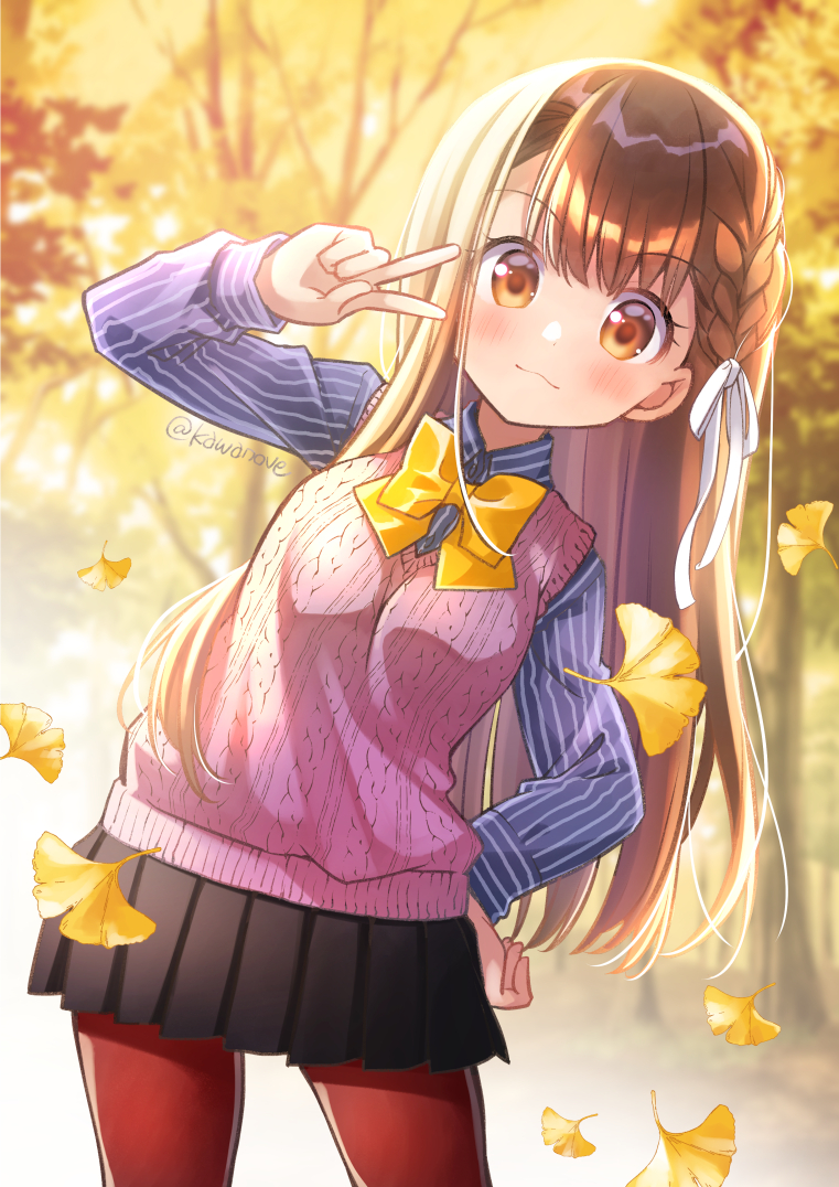 1girl artist_name autumn black_skirt blurry blurry_background blush bow bowtie braid brown_eyes brown_hair day ginkgo_leaf hand_on_hip kawanobe leaning_to_the_side long_hair looking_at_viewer original outdoors pantyhose pink_vest red_legwear shirt skirt solo striped striped_shirt sweater_vest v vest yellow_bow