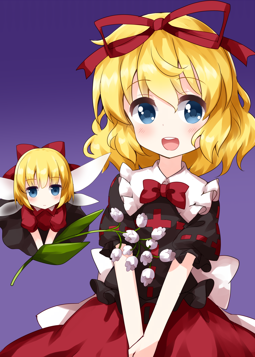 2girls bangs black_shirt blonde_hair blue_eyes bow bowtie cowboy_shot doll eyebrows_visible_through_hair fairy_wings flower hair_between_eyes hair_bow hair_ribbon hands_together highres holding holding_flower lily_of_the_valley looking_at_viewer medicine_melancholy multiple_girls open_mouth petticoat purple_background red_bow red_neckwear red_ribbon red_skirt ribbon ribbon-trimmed_shirt ruu_(tksymkw) shirt short_hair short_sleeves simple_background skirt smile standing su-san teeth touhou v_arms white_wings wings
