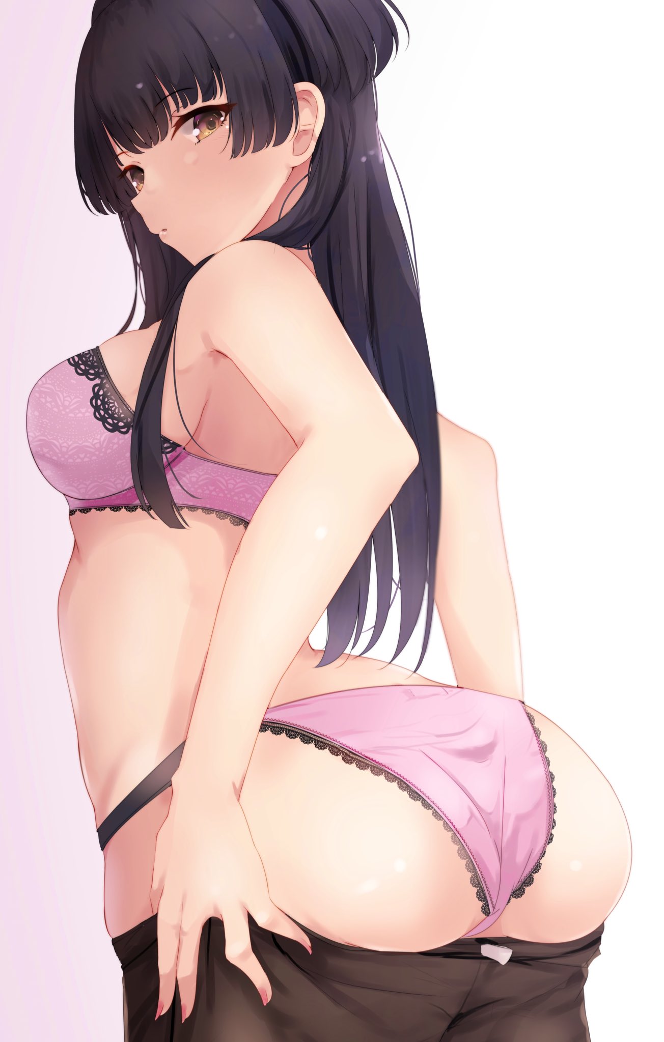 1girl arched_back ass bangs bare_arms bare_back bare_shoulders black_hair bra breasts brown_eyes eyebrows_visible_through_hair gradient gradient_background highres idolmaster idolmaster_shiny_colors lace-trimmed_bra lace_trim light_blush long_hair looking_at_viewer looking_back mayuzumi_fuyuko medium_breasts nail_polish panties pink_bra pink_panties ryuu. sidelocks solo tag underwear underwear_only undressing