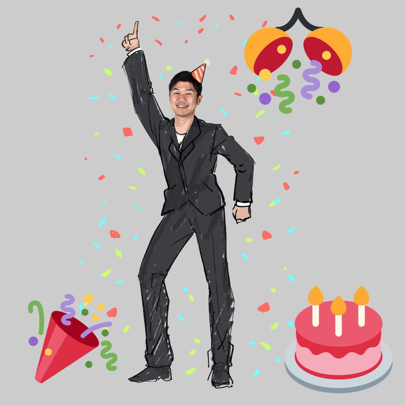 1boy birthday_cake black_hair cake candle clenched_hand confetti emoji english_commentary food formal grey_background happy_birthday highres hololive looking_at_viewer ninomae_ina'nis_(artist) photo_(medium) pointing pointing_up sketch smile solo suit yagoo