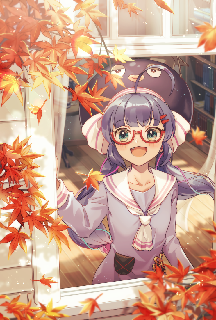 1girl autumn_leaves bangs blue_hair blue_headwear blue_shirt blunt_bangs bookshelf collar collared_shirt commentary eel_hat fang hair_ornament hairclip leaf long_hair maple_leaf nanase_(nns_6077) open_mouth otomachi_una red-tinted_eyewear sailor_collar semi-rimless_eyewear shirt smile talkex twintails upper_body very_long_hair vocaloid white_collar window wooden_floor