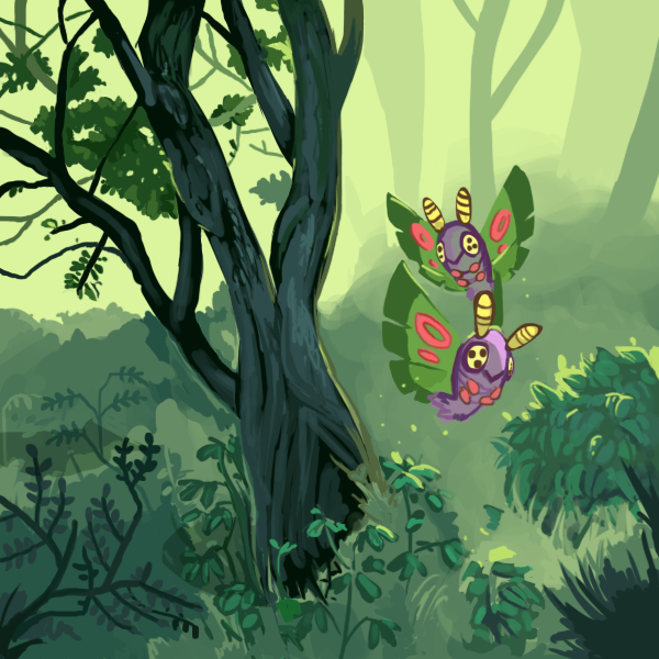 bug commentary creature dustox english_commentary flying forest gen_3_pokemon insect looking_at_viewer memookami moth nature no_humans outdoors plant pokemon pokemon_(creature) smile tree yellow_eyes