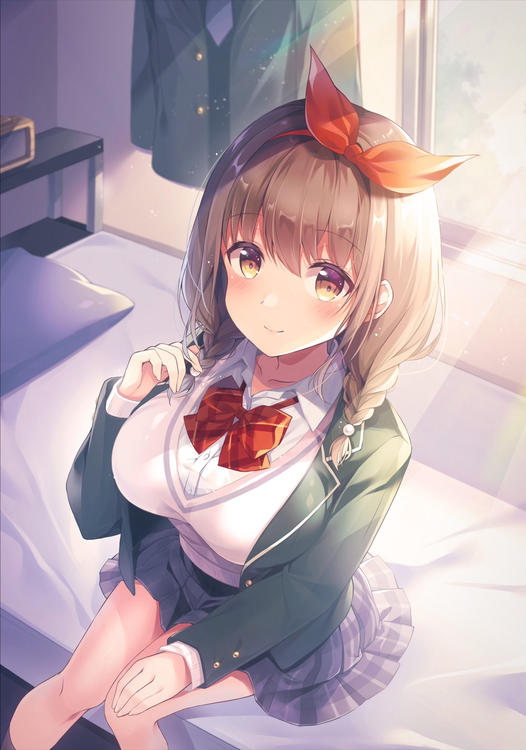 1girl black_jacket blazer blush braid breasts brown_eyes brown_hair closed_mouth collared_shirt commentary_request dress_shirt feet_out_of_frame grey_skirt hair_ribbon hairband hand_up highres indoors jacket large_breasts long_hair long_sleeves looking_at_viewer official_art on_bed open_blazer open_clothes open_jacket original plaid plaid_skirt pleated_skirt red_hairband red_ribbon ribbon school_uniform shiro_kuma_shake shirt sitting sitting_on_bed skirt sleeves_past_wrists smile solo sweater twin_braids white_shirt white_sweater window