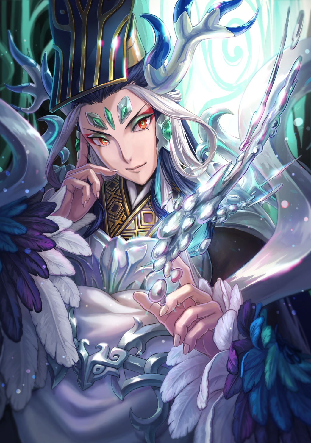1other black_hair chinese_clothes closed_mouth commentary_request eyeshadow fate/grand_order fate_(series) feather-trimmed_sleeves feathers forehead forehead_jewel gem green_eyeshadow green_pupils hair_ornament hand_on_own_face hat highres horn_ornament horns jewelry liquid long_hair long_sleeves looking_at_viewer makeup mercury_(element) mian_guan multicolored_hair nail qin_shi_huang_(fate/grand_order) red_eyes red_eyeshadow smile suikatabetaifrom two-tone_hair very_long_hair white_hair