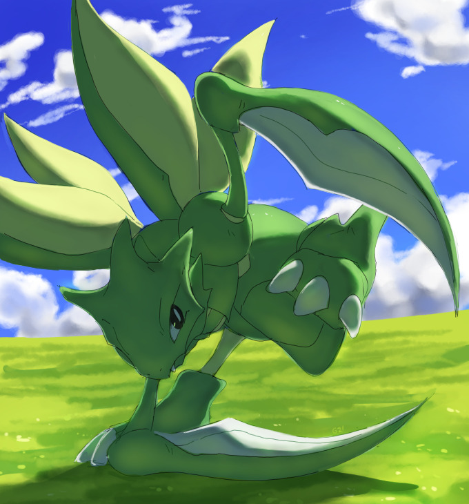 black_eyes blue_sky claws clouds cloudy_sky creature day full_body gen_1_pokemon grass green_theme no_humans outdoors pinkgermy pokemon pokemon_(creature) scyther sky solo