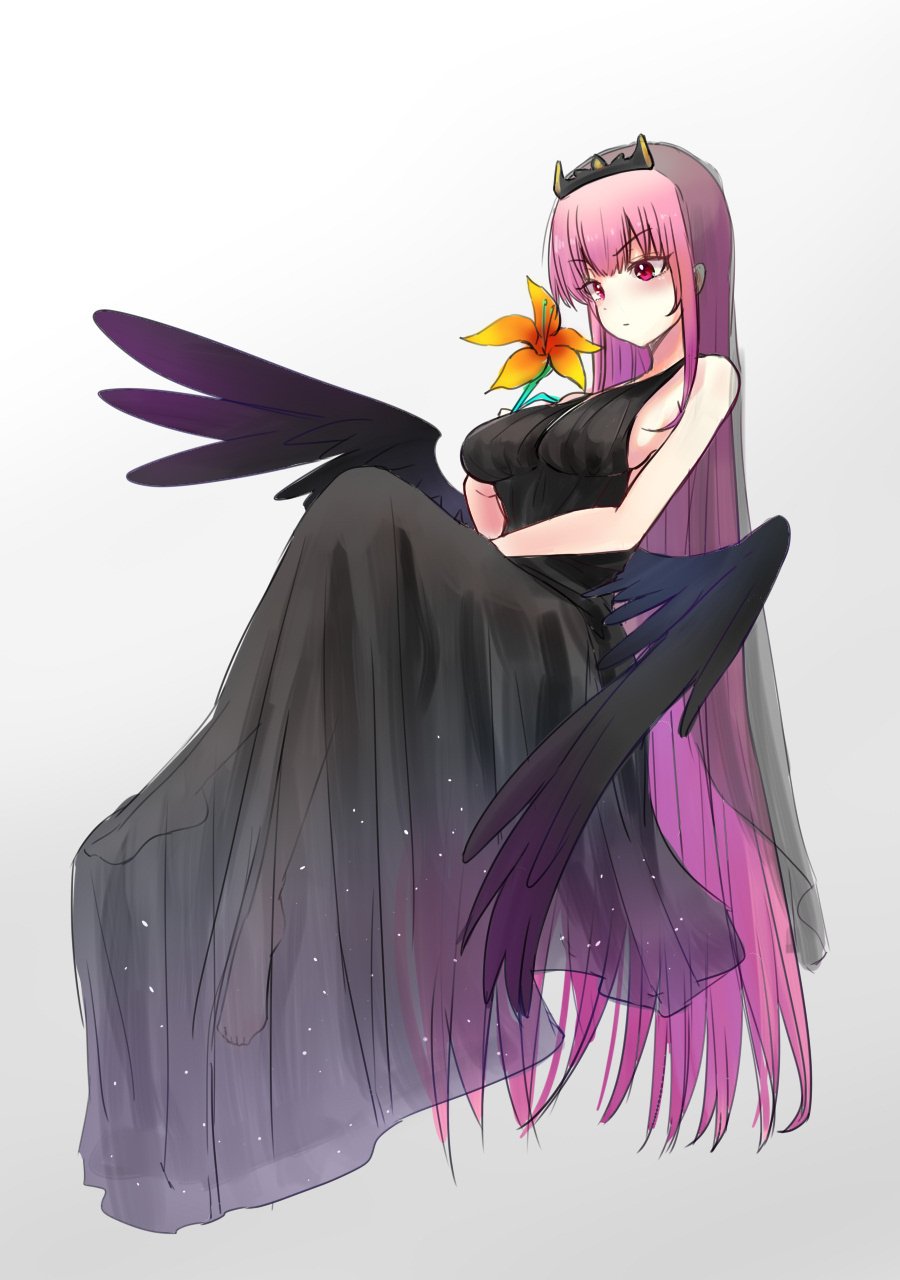 1girl bangs black_dress black_veil black_wings breasts dress english_commentary feise_zhilian_@_rs_studio flower highres holding holding_flower hololive hololive_english long_hair looking_down mori_calliope orange_flower pink_eyes pink_hair sideboob sleeveless sleeveless_dress solo tiara veil very_long_hair virtual_youtuber wings