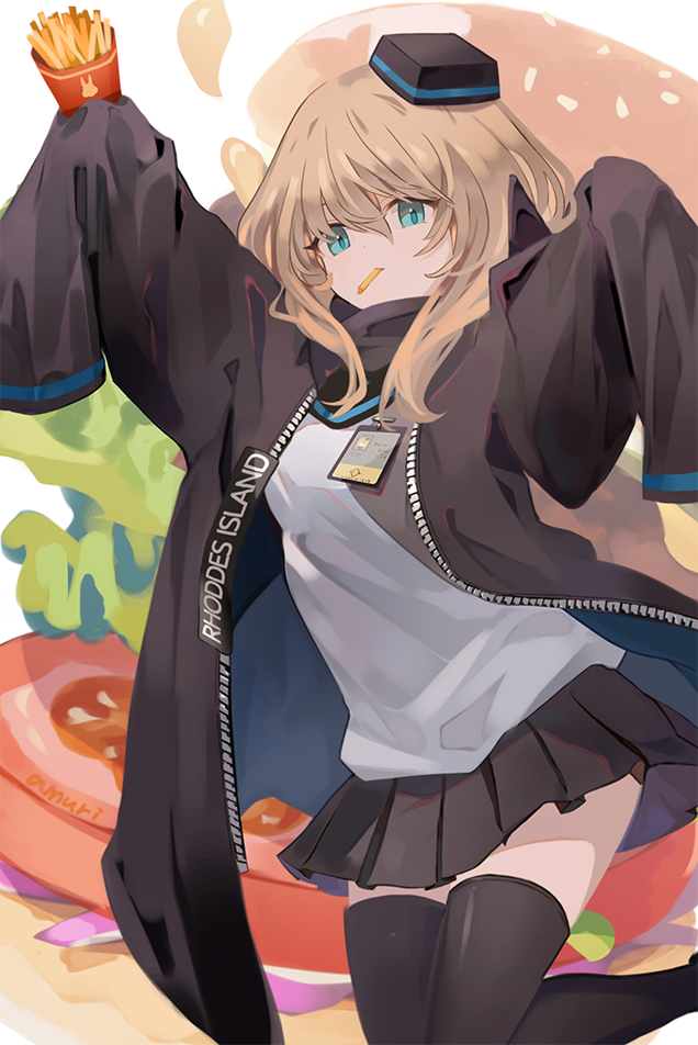 1girl amuri arknights bangs black_coat black_headwear black_legwear black_skirt blonde_hair blue_eyes coat commentary durin_(arknights) fast_food food food_in_mouth french_fries hamburger hat id_card long_hair mouth_hold open_clothes open_coat pleated_skirt shirt skirt sleeves_past_fingers sleeves_past_wrists solo thigh-highs white_shirt