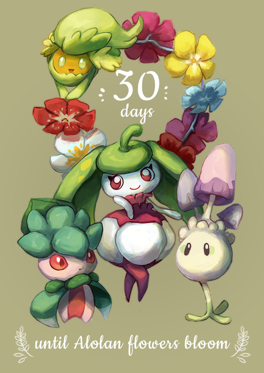 black_eyes brown_eyes closed_mouth comfey commentary english_commentary english_text flower fomantis full_body gen_7_pokemon green_eyes grey_background looking_at_viewer morelull mushroom pokemon second-party_source simple_background smile standing steenee tyma_(mtymas)