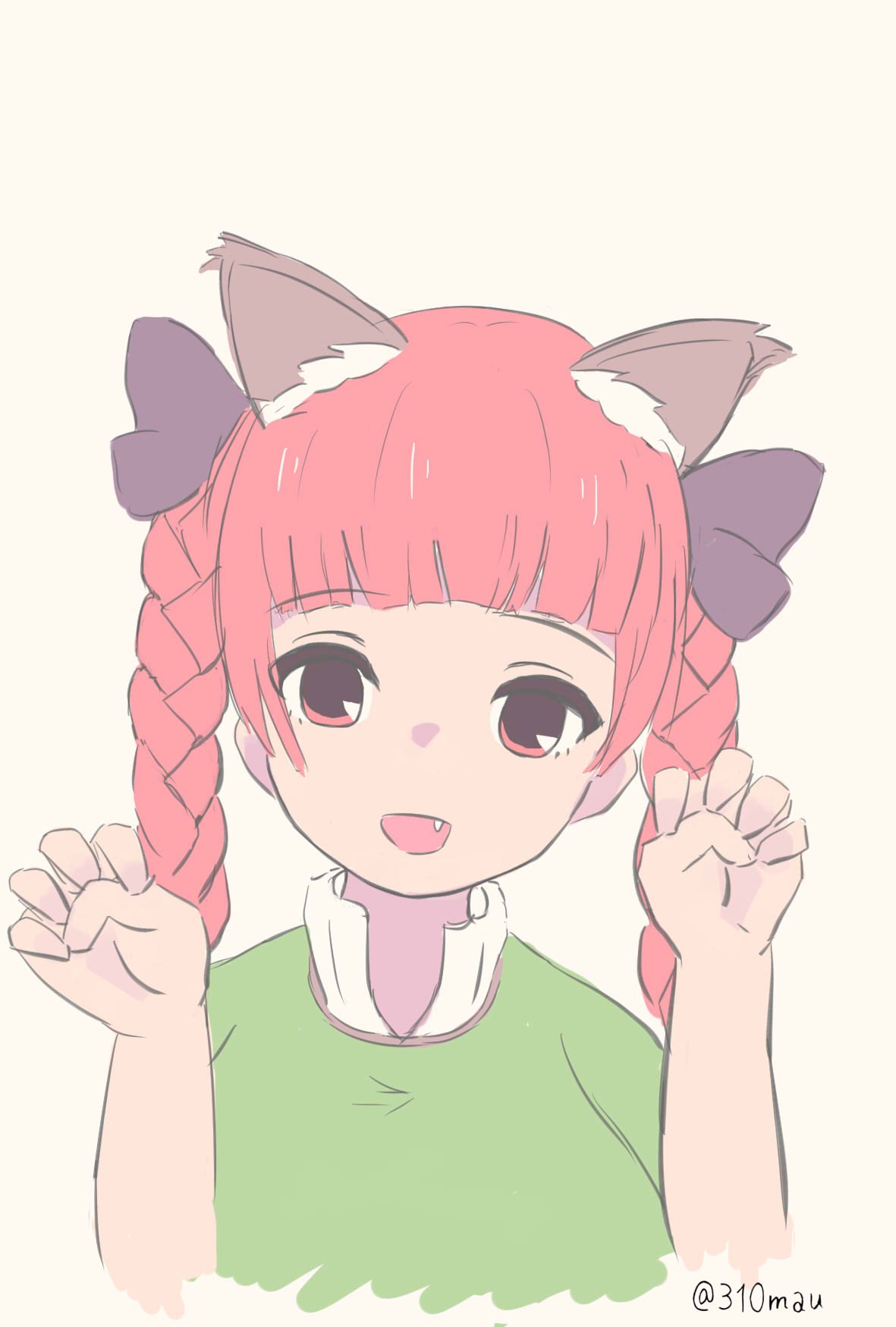 1girl 310mau animal_ears bow braid cat_ears dress extra_ears fang green_dress highres kaenbyou_rin one-hour_drawing_challenge open_mouth paw_pose portrait red_eyes redhead simple_background sketch smile solo touhou twin_braids