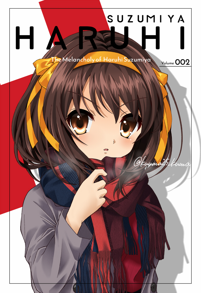 1girl bangs blue_scarf blush border breath brown_eyes brown_hair buttons character_name coat commentary_request copyright_name cover cover_page doujin_cover drop_shadow english_text grey_coat h hair_ribbon hairband hand_up kuuma25_kuma long_sleeves looking_at_viewer multicolored multicolored_clothes multicolored_scarf number open_mouth orange_hairband orange_ribbon outside_border red_scarf ribbon scarf short_hair solo suzumiya_haruhi suzumiya_haruhi_no_yuuutsu twitter_username upper_body white_background winter_clothes
