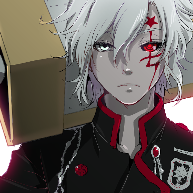 1boy allen_walker black_sclera blue_eyes closed_mouth collarbone cropped d.gray-man face facial_mark frown gin_pyon greatsword hair_between_eyes heterochromia male_focus over_shoulder red_eyes simple_background solo star_(symbol) sword sword_over_shoulder uniform weapon weapon_over_shoulder white_background white_hair