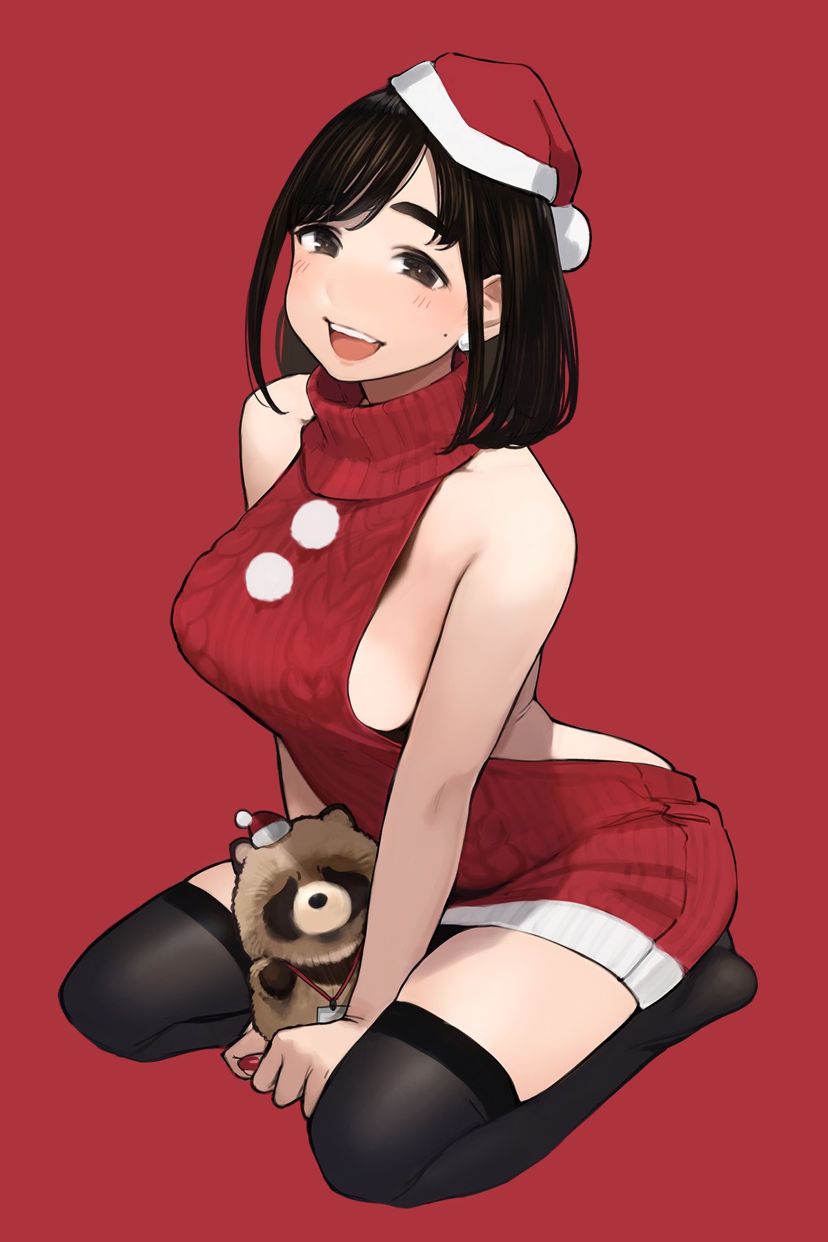 1girl black_legwear blush breasts brown_eyes brown_hair commentary_request douki-chan's_rival_(yomu_(sgt_epper)) ganbare_douki-chan hat highres id_card large_breasts looking_at_viewer meme_attire mole open_mouth raccoon red_background round_teeth santa_hat short_hair sideboob sitting smile teeth thigh-highs two-tone_sweater virgin_killer_sweater wariza yomu_(sgt_epper)