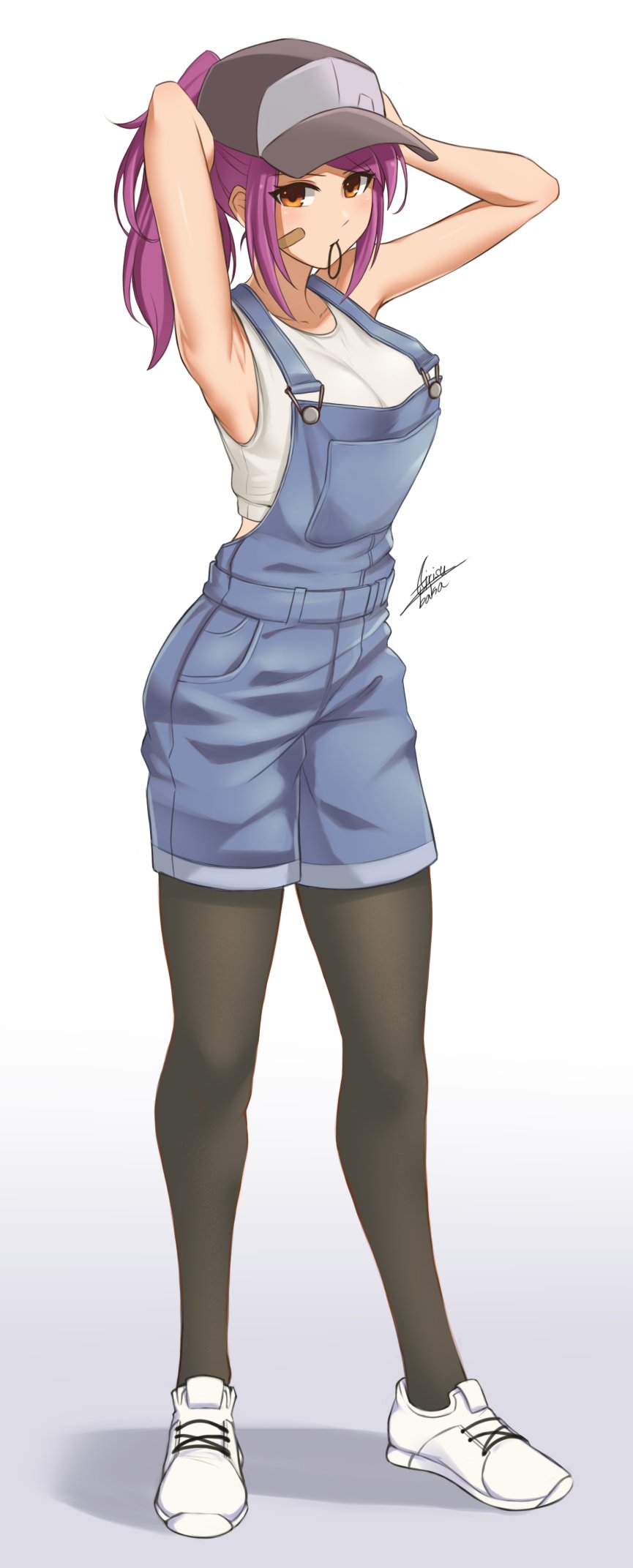 1girl airisubaka armpits arms_up bandaid bandaid_on_cheek bare_arms baseball_cap breasts brown_eyes brown_legwear collarbone commentary crop_top denim english_commentary full_body grey_background hair_tie hair_tie_in_mouth hat highres large_breasts leah_(airisubaka) legwear_under_shorts long_hair looking_at_viewer mouth_hold original overall_shorts pantyhose ponytail purple_hair shirt shoes shorts signature sleeveless sleeveless_shirt sneakers solo standing white_footwear white_shirt
