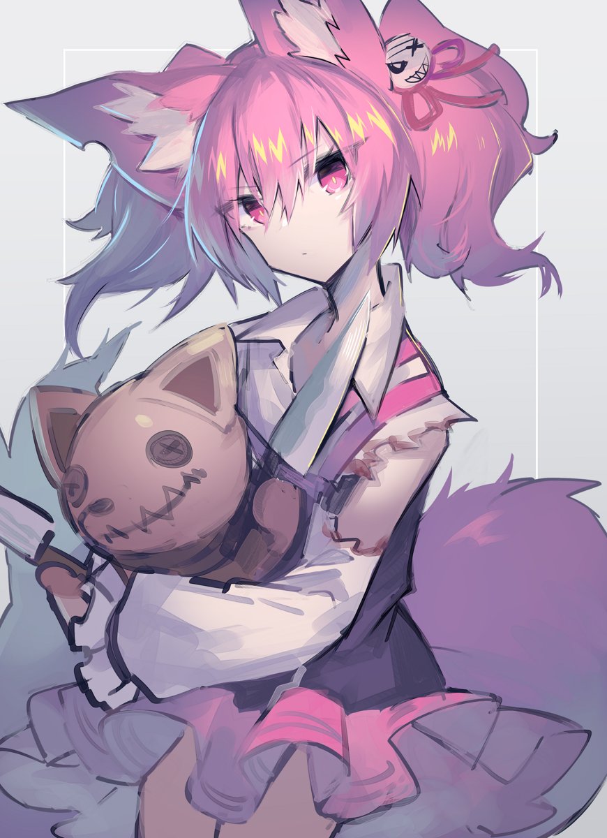 1girl animal_ear_fluff animal_ears arknights bow burnt_clothes doll eyebrows_visible_through_hair fox_ears fox_tail hair_ornament highres holding holding_doll holding_knife knife looking_at_viewer pink_bow pink_eyes pink_hair pink_ribbon pink_skirt ribbon sasa_onigiri shamare_(arknights) sketch skirt solo standing tail tied_hair twintails voodoo_doll