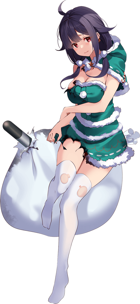 1girl breasts capelet full_body green_santa_costume hair_flaps hood hood_up hooded_capelet kantai_collection kujou_ichiso low_twintails medium_breasts official_art purple_hair red_eyes ryuuhou_(kantai_collection) sack santa_costume taigei_(kantai_collection) thigh-highs torn_clothes transparent_background twintails white_legwear