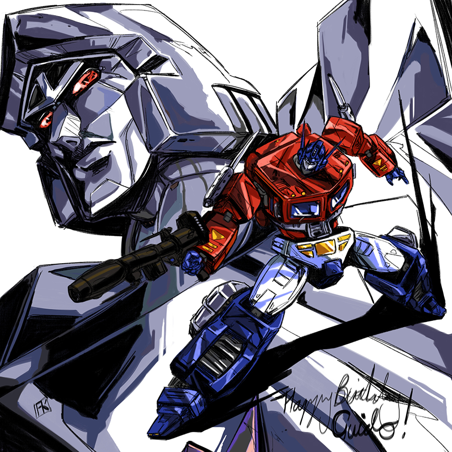 2boys aiming autobot blue_eyes decepticon english_commentary gun happy_birthday hinomars19 holding holding_gun holding_weapon looking_down looking_up mecha megatron multiple_boys no_humans open_hand optimus_prime red_eyes transformers weapon