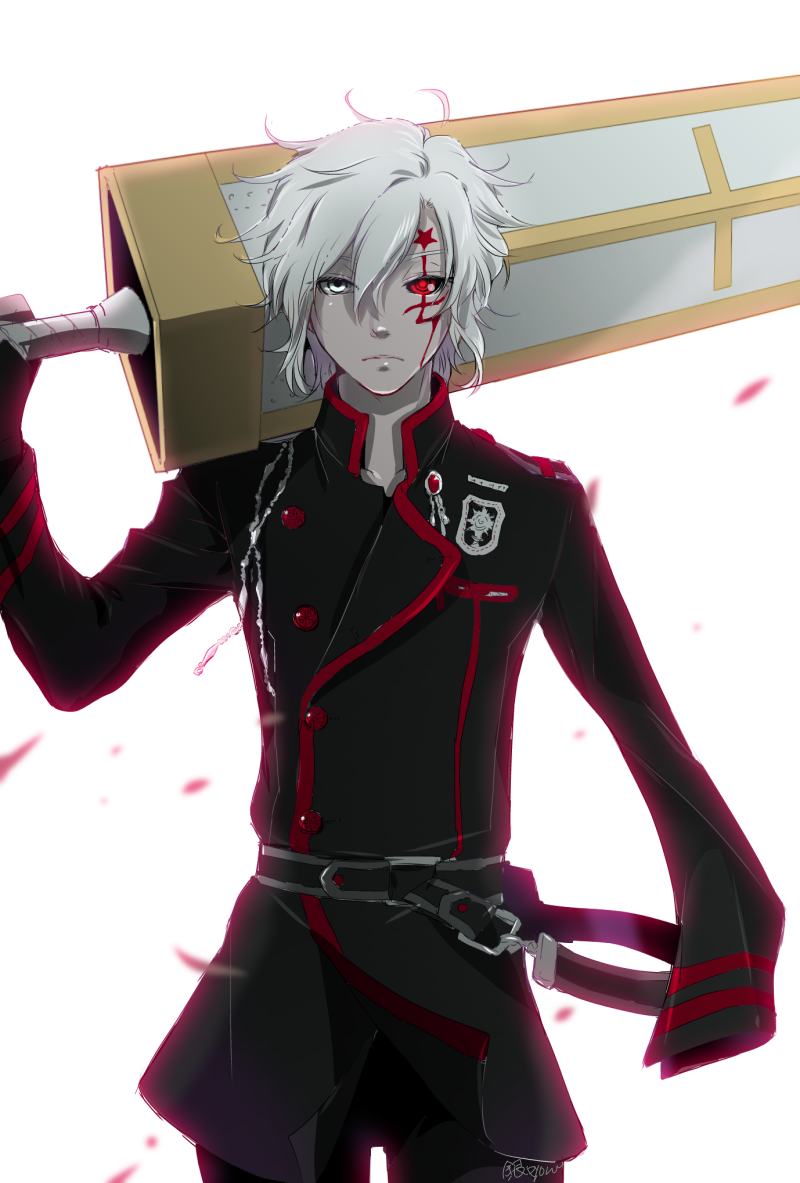 1boy allen_walker amputee belt black_gloves black_sclera blue_eyes closed_mouth collarbone d.gray-man facial_mark frown gin_pyon gloves greatsword hair_between_eyes heterochromia holding holding_sword holding_weapon male_focus over_shoulder red_eyes signature solo star_(symbol) sword sword_over_shoulder uniform weapon weapon_over_shoulder white_hair