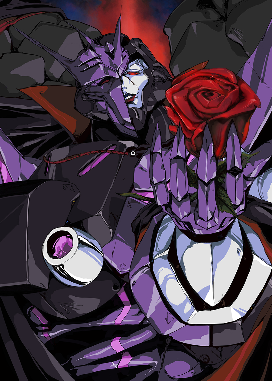 1boy broken_mask decepticon english_commentary flower highres hinomars19 holding holding_flower looking_down mask mecha no_humans parted_lips red_eyes red_flower red_rose rose smile solo tarn the_transformers_(idw) transformers