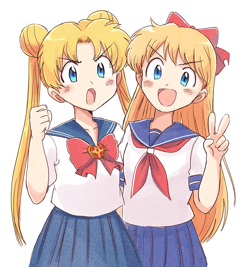 2girls aino_minako bishoujo_senshi_sailor_moon blonde_hair blue_eyes blue_sailor_collar blue_skirt blush bow double_bun hair_bow juuban_middle_school_uniform long_hair multiple_girls red_bow red_neckwear sailor_collar school_uniform serafuku shiba_koen_middle_school_uniform shirt short_sleeves skirt tsubobot tsukino_usagi twintails v white_shirt