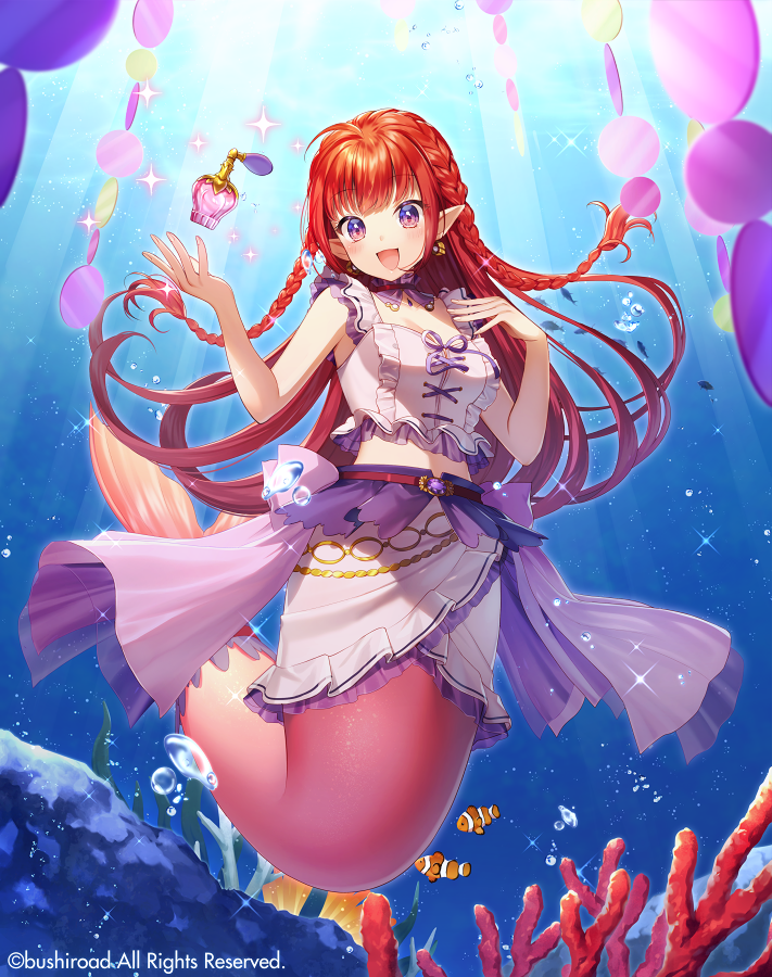 1girl :d air_bubble animal bangs bare_arms bare_shoulders blush braid breasts bubble cardfight!!_vanguard character_request clownfish commentary_request coral eyebrows_visible_through_hair fish frills long_hair mermaid momoshiki_tsubaki monster_girl official_art open_mouth red_eyes redhead shirt sleeveless sleeveless_shirt small_breasts smile solo sparkle twin_braids underwater very_long_hair water watermark white_shirt