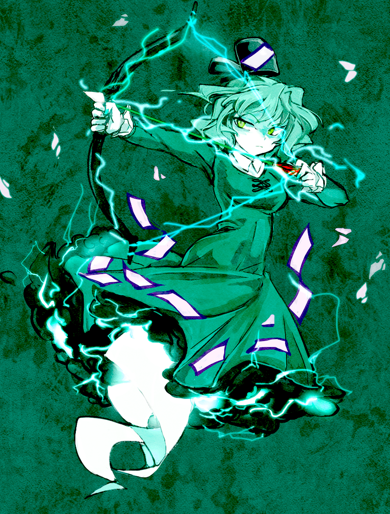 1girl aiming aqua_nails arrow_(projectile) bangs black_headwear black_ribbon bow_(weapon) breasts chamaruku closed_mouth collared_dress commentary_request cross-laced_clothes drawing_bow dress electricity floating_hair frilled_dress frilled_sleeves frills ghost ghost_tail green_background green_dress green_eyes green_hair green_theme hands_up hat hat_ribbon holding holding_arrow holding_bow_(weapon) holding_weapon long_sleeves nail_polish ofuda ofuda_on_clothes partial_commentary ribbon simple_background small_breasts soga_no_tojiko solo spell_card tate_eboshi touhou weapon
