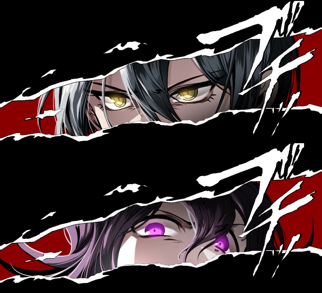 2boys angry bangs black_background black_hair brown_eyes close-up commentary_request dangan_ronpa face hair_between_eyes looking_at_viewer lysm425 multiple_boys new_dangan_ronpa_v3 ouma_kokichi persona persona_5 persona_eyes red_background saihara_shuuichi serious short_hair slit_pupils translation_request violet_eyes