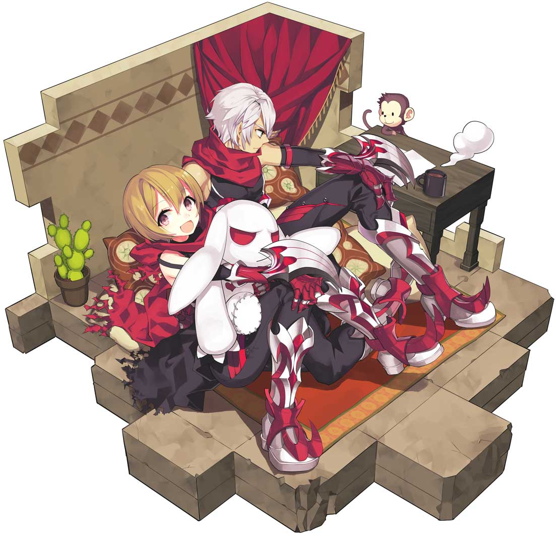 2boys :x arai_12 arm_blade armored_boots bangs black_pants black_shirt boots brown_hair cactus carpet closed_mouth coffee coffee_mug commentary_request cup curtains doll_hug eyebrows_visible_through_hair full_body green_eyes guillotine_cross_(ragnarok_online) hair_between_eyes hand_on_own_knee isometric looking_at_another looking_at_viewer male_focus monkey mug multiple_boys open_mouth pants paper pillow plant pot potted_plant rabbit ragnarok_online red_eyes red_scarf scarf shirt shoe_blade short_hair simple_background sitting sleeveless sleeveless_shirt stuffed_animal stuffed_toy table torn_scarf violet_eyes weapon white_background white_hair yoyo_(ragnarok_online)