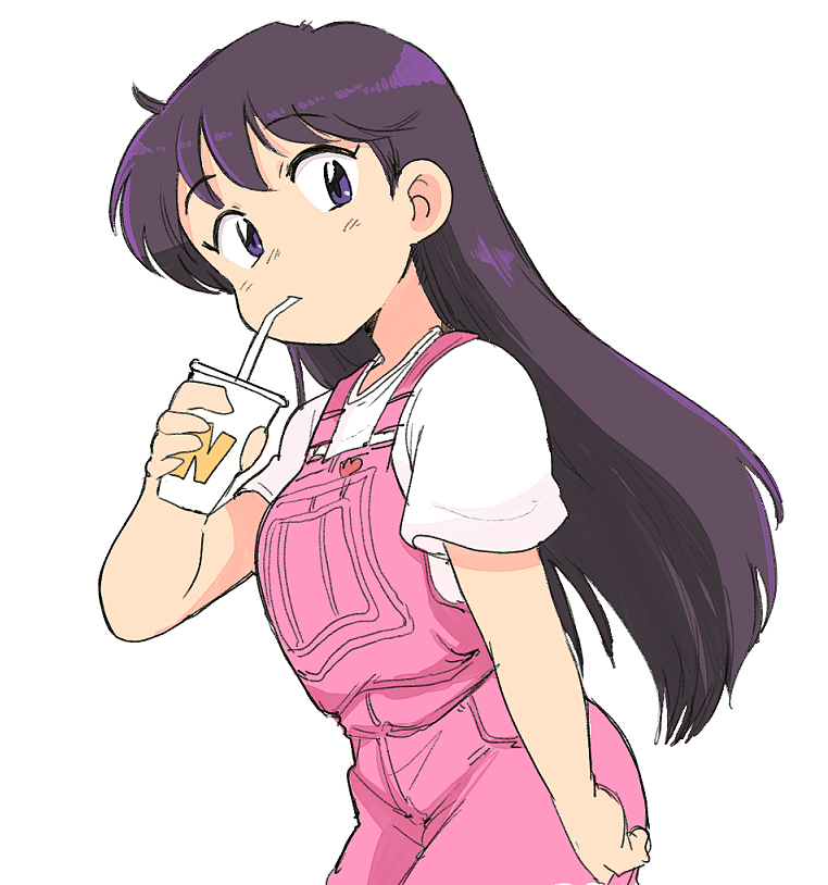 1girl bishoujo_senshi_sailor_moon black_hair breasts casual cup drinking_straw hand_up hino_rei holding holding_cup long_hair looking_at_viewer overalls pink_overalls shirt short_sleeves solo tsubobot violet_eyes wcdonalds white_shirt