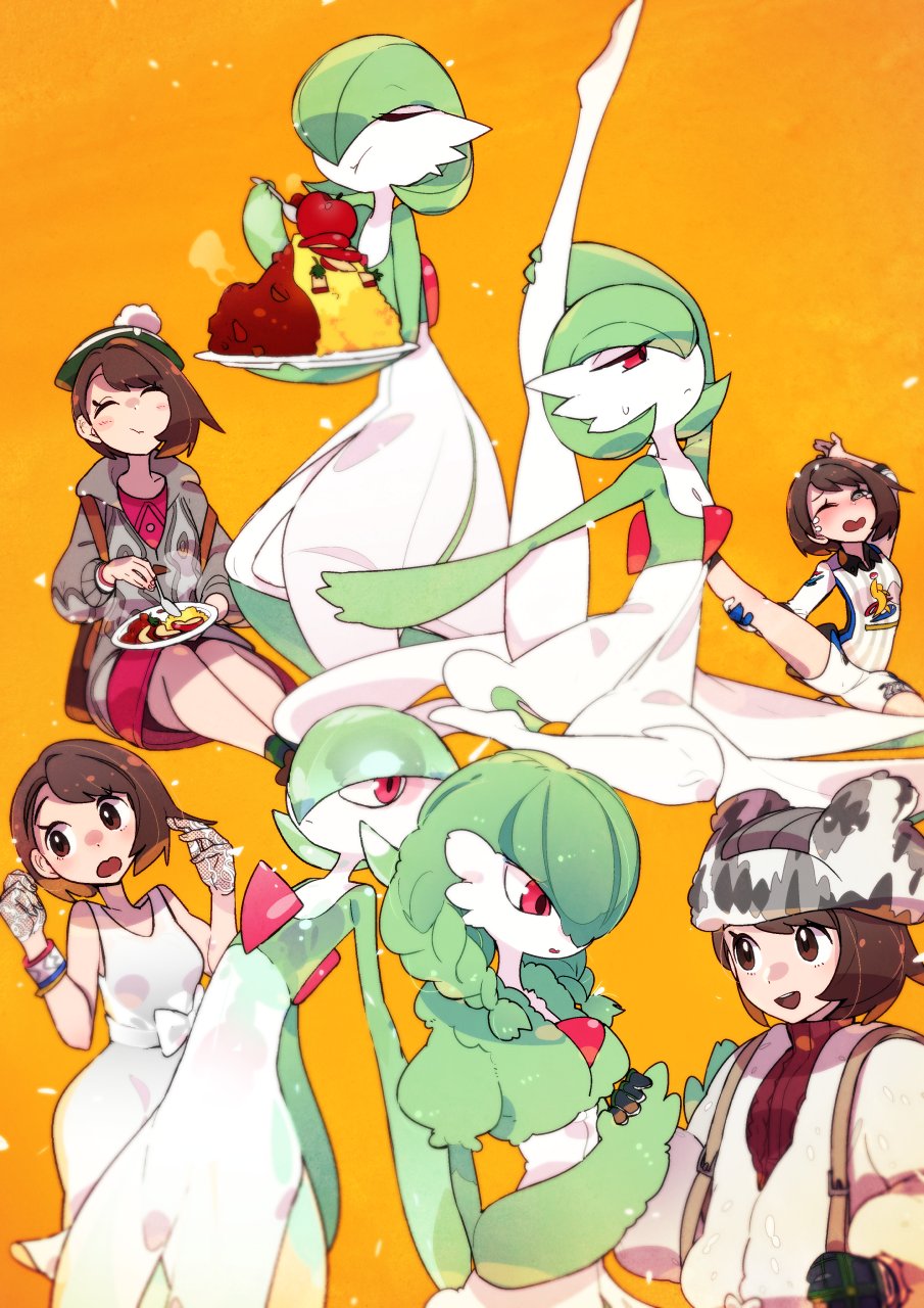 1girl 1other :t alternate_costume apple aran_sweater armband asymmetrical_hair backpack bag black_gloves blush breasts brown_eyes brown_hair closed_mouth coat commentary curry curry_rice dress eating food fruit gardevoir gen_3_pokemon gloria_(pokemon) gloves grey_headwear grey_jacket hair_over_one_eye hat highres holding holding_hands holding_plate jacket kuroi_moyamoya medium_breasts multiple_views open_mouth orange_background plate pokemon pokemon_(game) pokemon_swsh pom_pom_(clothes) red_eyes red_sweater ribbed_sweater rice shirt short_hair short_shorts shorts simple_background single_glove sleeveless sleeveless_dress split standing standing_on_one_leg standing_split striped striped_shirt sweatdrop sweater tam_o'_shanter tears turtleneck turtleneck_sweater vertical-striped_shirt vertical_stripes white_coat white_dress white_shirt white_shorts winter_clothes