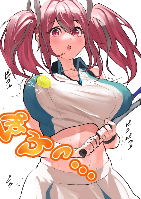 1girl :o azur_lane ball bangs bare_shoulders blush breasts breasts_apart bremerton_(azur_lane) bremerton_(scorching-hot_training)_(azur_lane) collared_shirt commentary_request crop_top eyebrows_visible_through_hair green_skirt grey_hair hair_between_eyes hair_intakes hair_ornament heart heart_necklace holding holding_racket large_breasts long_hair looking_at_viewer midriff multicolored_hair navel no_mole ootani_nonno open_mouth pink_eyes pink_hair racket shirt sidelocks simple_background skirt sleeveless sleeveless_shirt solo sound_effects sportswear standing streaked_hair sweat taut_clothes taut_shirt tennis_ball tennis_racket tennis_uniform twintails two-tone_hair two-tone_shirt two-tone_skirt upper_teeth white_background white_shirt white_skirt wristband