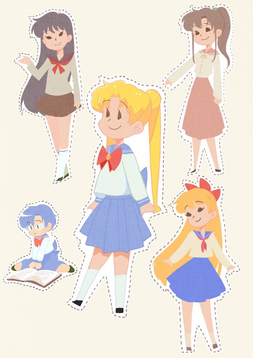 5girls aino_minako bangs bishoujo_senshi_sailor_moon black_hair blonde_hair blue_hair blue_skirt brown_hair closed_mouth double_bun grey_skirt hair_bun hair_ornament hino_rei jewelry kino_makoto long_hair long_sleeves mizuno_ami multiple_girls notebook pleated_skirt ponytail red_neckwear sailor_collar sailor_moon school_uniform serafuku shirt short_hair skirt smile tsubobot tsukino_usagi white_shirt