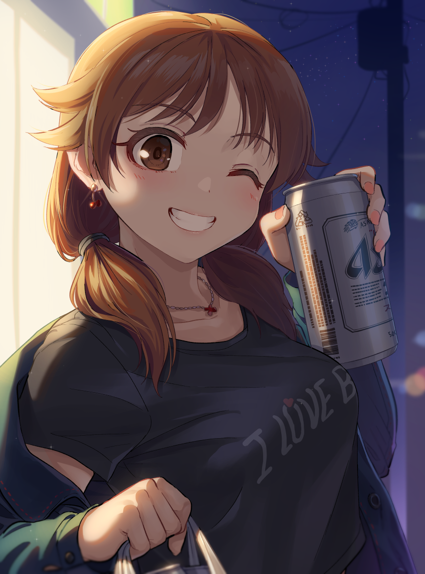 1girl bag beer_can black_shirt blush brown_eyes brown_hair can collarbone crop_top crop_top_overhang earrings fingernails from_side grin head_tilt holding idolmaster idolmaster_cinderella_girls jacket jewelry kamille_(vcx68) katagiri_sanae looking_at_viewer necklace one_eye_closed open_clothes open_jacket shirt shopping_bag short_twintails smile solo t-shirt twintails upper_body utility_pole