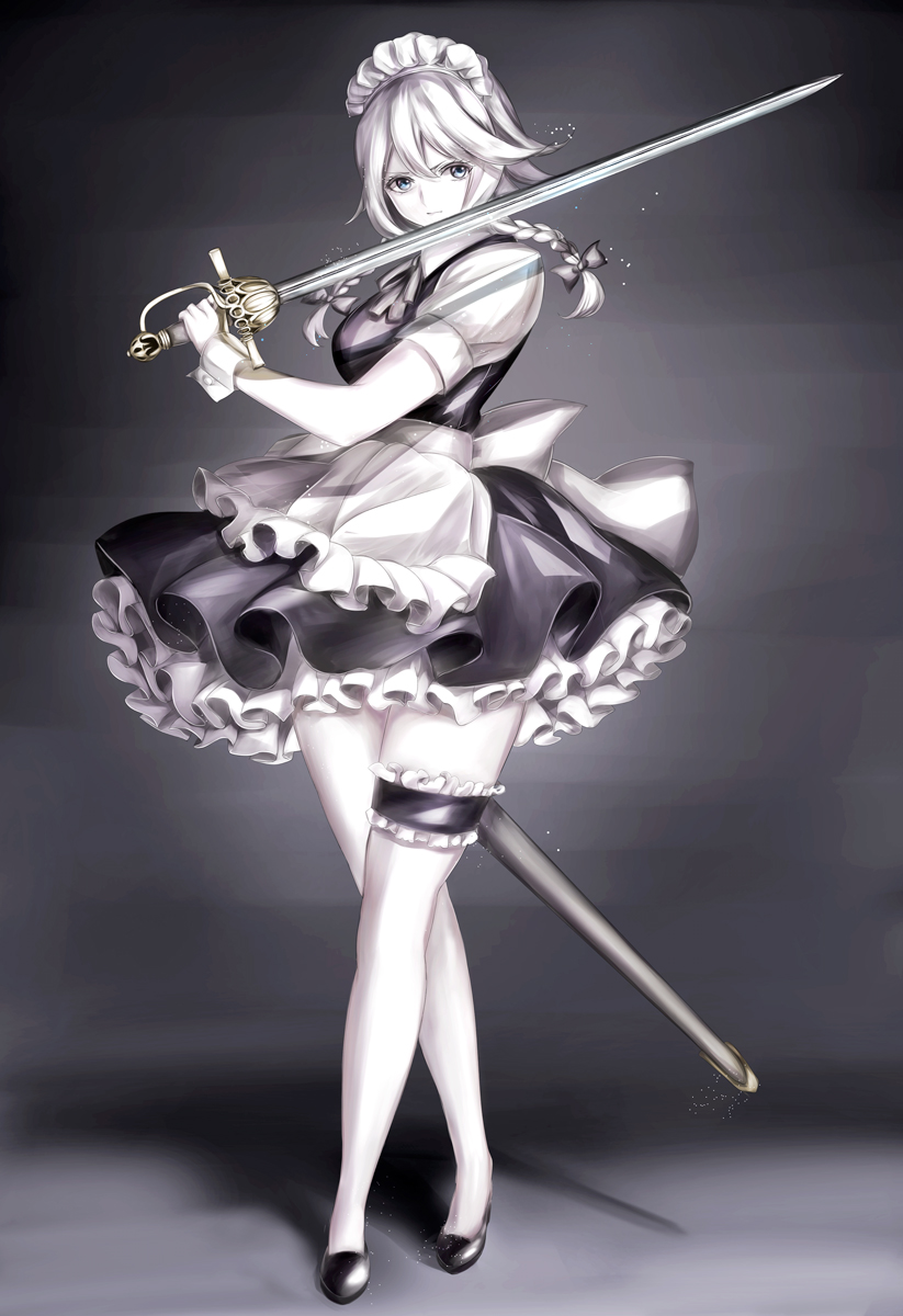 1girl apron back_bow black_bow black_dress black_footwear bow breasts closed_mouth commentary dress frills full_body gradient gradient_background grey_eyes grey_neckwear grey_ribbon hair_between_eyes hair_bow hair_ribbon highres holding holding_sword holding_weapon izayoi_sakuya jan_(lightdragoon) leg_garter looking_to_the_side maid maid_apron maid_headdress medium_breasts neck_ribbon petticoat puffy_short_sleeves puffy_sleeves rapier ribbon shadow short_hair short_sleeves side_braids sidelocks silver_hair solo sword touhou tress_ribbon v-shaped_eyebrows wall weapon white_bow wrist_cuffs